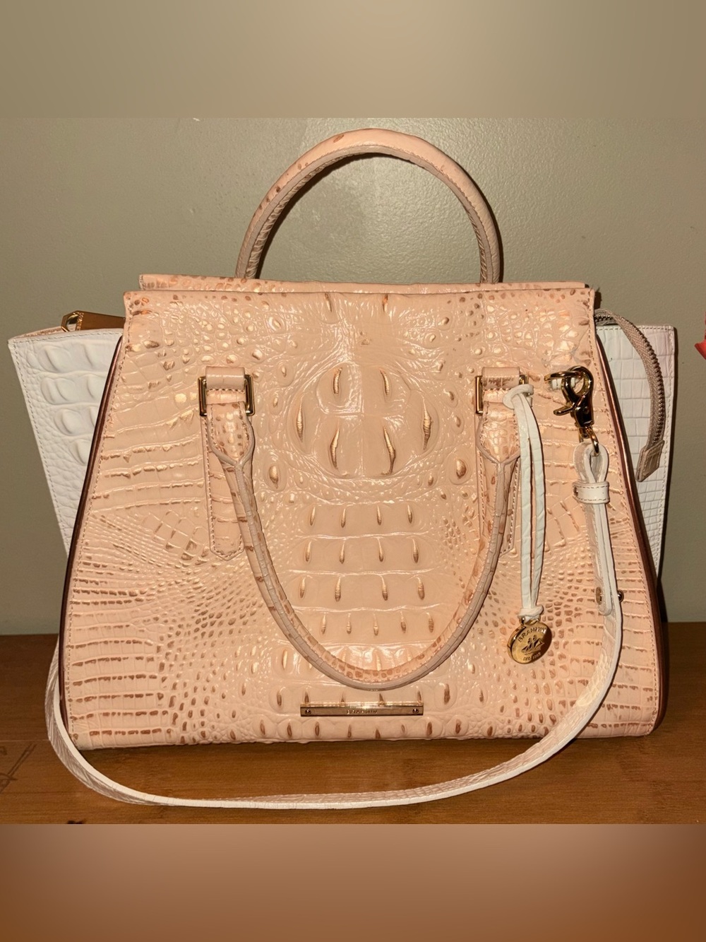 Brahmin Priscilla peach melbourne/white with rosegold accents retail value $385